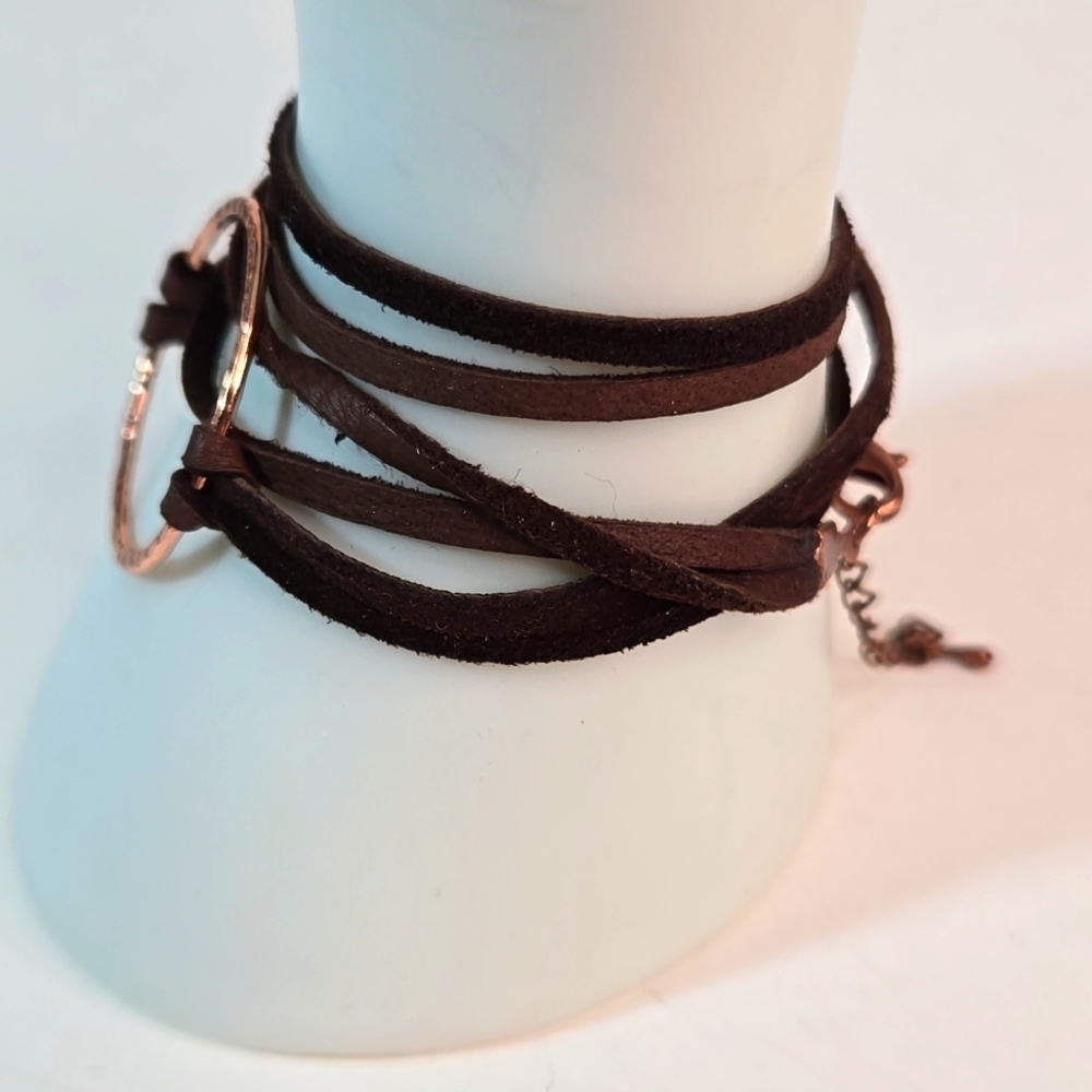 Hammered Copper Circle Double Strand Brown Leather Wrap Bracelet NWOT - Picture 3 of 9